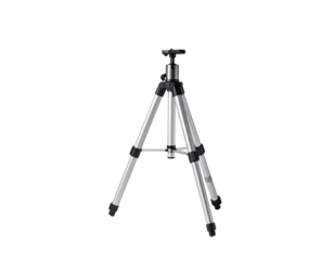 A silver and black camera tripod on a black background, fully extended