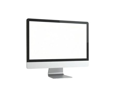 Sleek, modern desktop computer with a blank, bright screen; isolated on black