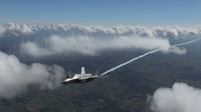 F-35 Lightning II soars through the cloudy sky leaving a contrail behind it amazing aeronautical