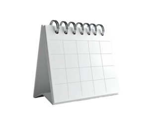 A blank white desk calendar with a metal coil binding, isolated