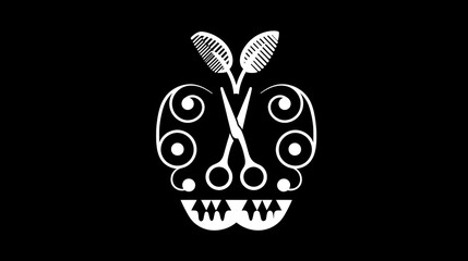 Stylized apple logo with scissors and comb on a black background design