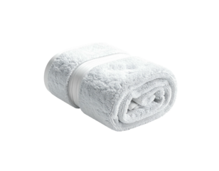 A rolled white towel secured by a matching band, isolated on black