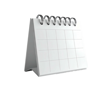 A blank white desk calendar with a metal coil binding, isolated