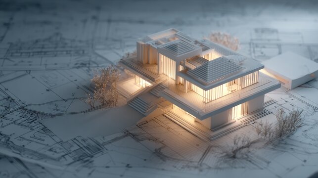 Minimalist 3D architectural model with surrounding blueprints, smooth lighting, clean geometry, showcasing structural innovation and modern engineering style - Powered by Adobe