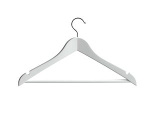 A white wooden clothes hanger with a silver hook against a black background