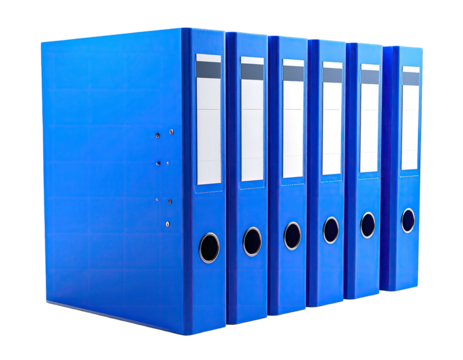 A row of vibrant blue binders, organized neatly, with white label holders
