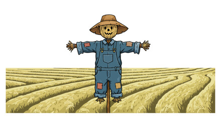 Scarecrow in a wheat field wearing denim overalls and a brown hat with patches on clothes