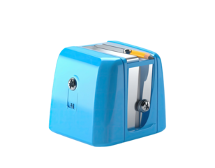 Bright blue manual device with a pencil inserted, isolated against a black background