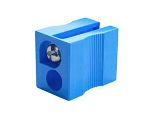 A bright blue, boxy handheld tool with a metal blade for sharpening writing utensils