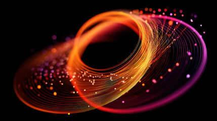 Abstract glowing network spiral with vibrant orange and pink light trails on black background, dynamic and energetic