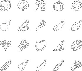 Collection of editable line icons representing various fresh vegetables for healthy eating and cooking