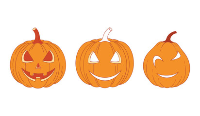 A set of three orange pumpkins with carved faces in a row on white background halloween jack o lantern