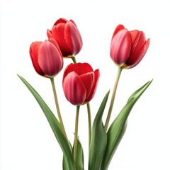 Naklejka premium Red tulips with leaves, isolate on white background.
