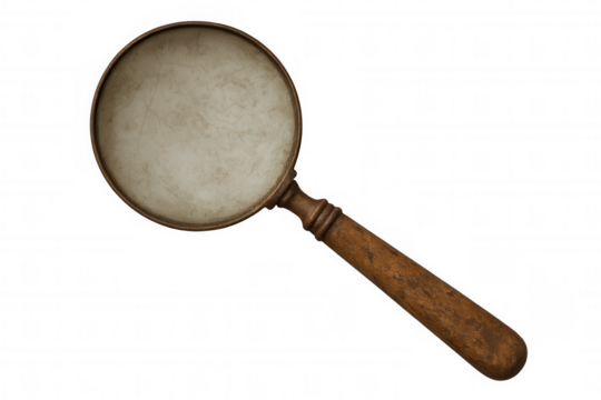 Vintage magnifying glass with wooden handle, representing research, investigation, and discovery, transparent background