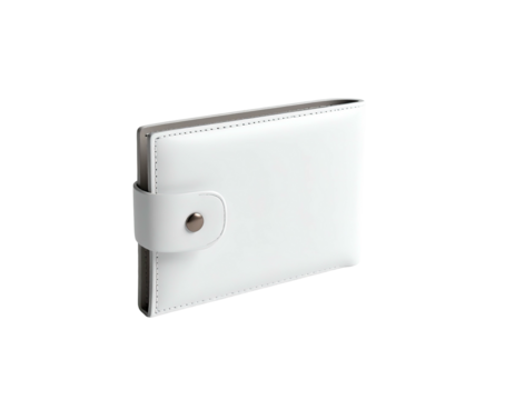 White, leather-like wallet with a snap closure, isolated on a black backdrop