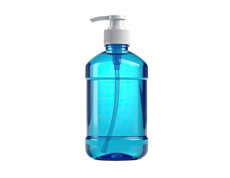 A transparent blue liquid container with a white pump dispenser against black