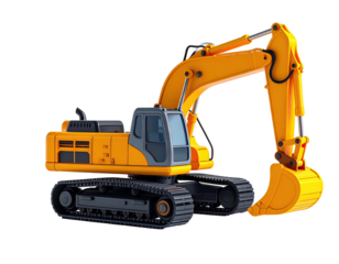 A bright yellow excavator with tracks, arm extended, isolated on a black background