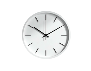 A minimalist, white wall clock against a black background