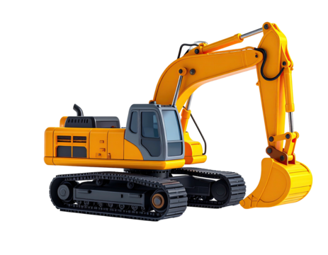 A bright yellow excavator with tracks, arm extended, isolated on a black background