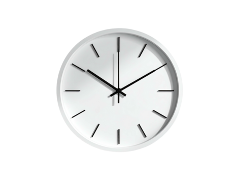A minimalist, white wall clock against a black background