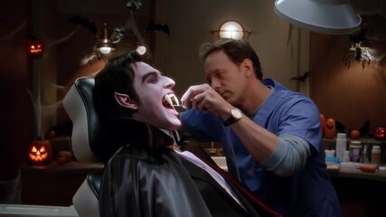 Vampire sitting in dental chair with dentist polishing fangs in halloween fantasy clinic, concept of humor and adaptation