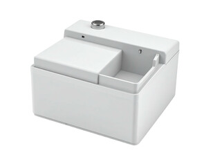 Modern white rectangular device with a liftable lid and integrated storage