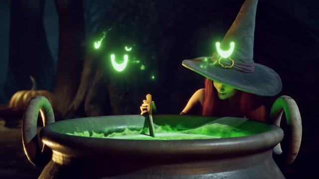 Witch brewing dental health potion in halloween cauldron with sparks turning into smiles, concept of magic and prevention