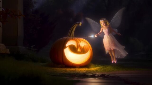 Tooth fairy turning halloween pumpkin into shining smile with magic wand, concept of fantasy and dental health