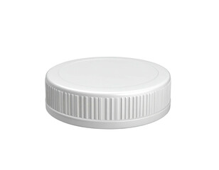 Isolated close-up of a simple, white, threaded plastic bottle cap on black background