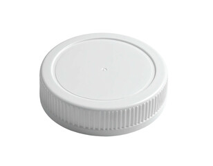 White plastic bottle cap, cylindrical with ridged sides, plain top, shadow