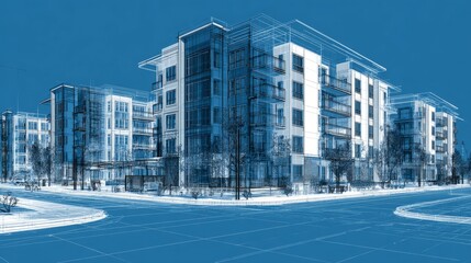 Realistic 3D vector architectural model of apartment complex, clean geometric wireframe, digital engineering design, blue and white technical tones