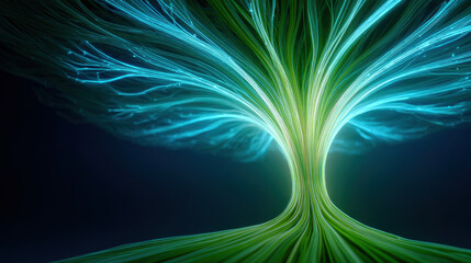 Glowing abstract tree with financial data lines branching, vibrant blue and green light, futuristic energy