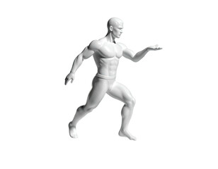 3D-rendered, grayscale muscular male figure in dynamic running/walking pose
