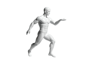 3D-rendered, grayscale muscular male figure in dynamic running/walking pose