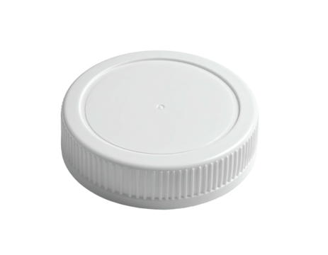 White plastic bottle cap, cylindrical with ridged sides, plain top, shadow