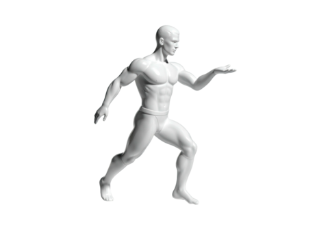 3D-rendered, grayscale muscular male figure in dynamic running/walking pose