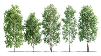 Set of realistic 3D green birch trees isolated on transparent background, detailed leaves and bark texture, professional landscape design rendering
