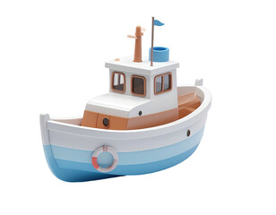A 3D rendered cartoon boat with a blue and white hull, flag, and life preserver