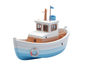 A 3D rendered cartoon boat with a blue and white hull, flag, and life preserver