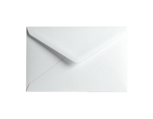 A white, closed envelope, centrally framed against a solid black background