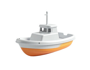 A simple 3D rendering of a white and orange toy tugboat on a black background