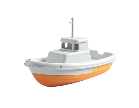 A simple 3D rendering of a white and orange toy tugboat on a black background