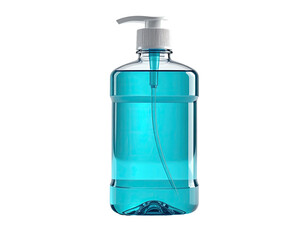 Transparent plastic bottle, filled with blue liquid, dispenser on top, black background