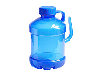 A transparent, blue, plastic jug with a handle and cap, isolated on black