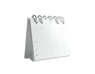 A 3D-rendered, white desk calendar with a clean, minimalist aesthetic