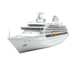 Pristine white cruise ship, rendered on a black background, appears to float