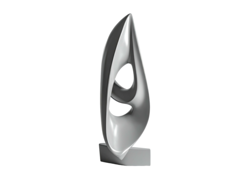 A stylized, flowing, silver sculpture with organic shapes and a small pedestal