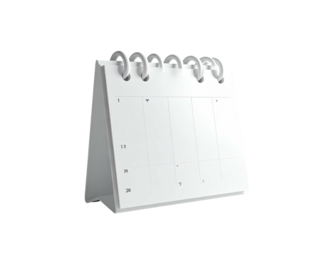 A 3D-rendered, white desk calendar with a clean, minimalist aesthetic