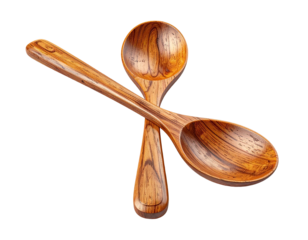 Two wooden spoons crossed on black. One over the other with detailed grain