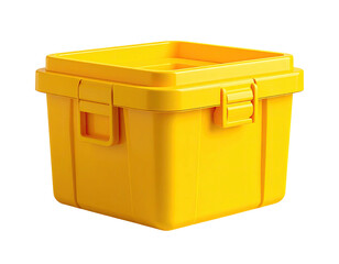 Bright yellow square storage container with a secure latch and lid